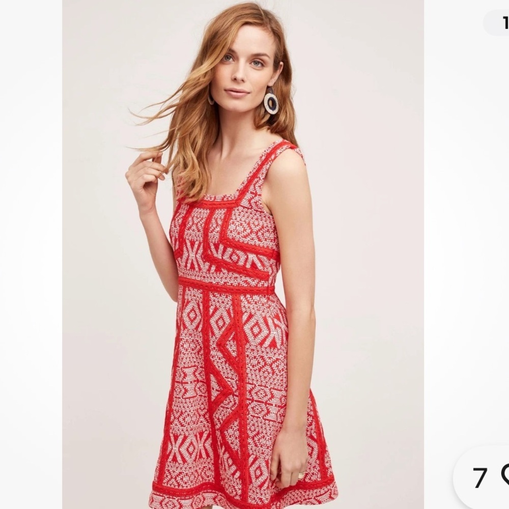 Anthropologie Maeve Red Patterned Cottagecore Mini Dress with Scoop Neck